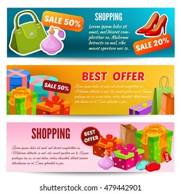 Shopping horizontal banners set with advertising of best offers for sale of retail goods isolated vector illustration   