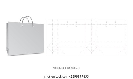 shopping - horizontal paper bag die cut template - with  preview mockup - editable blueprint layout with cutting and creasing lines - vector EPS file