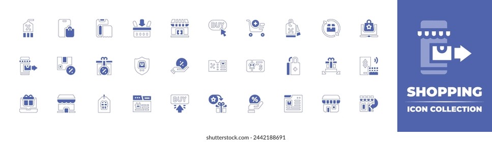 Shopping icon collection. Duotone style line stroke and bold. Vector illustration. Containing add to basket, order online, price tag, protection, procurement, ecommerce, discount, store, return.