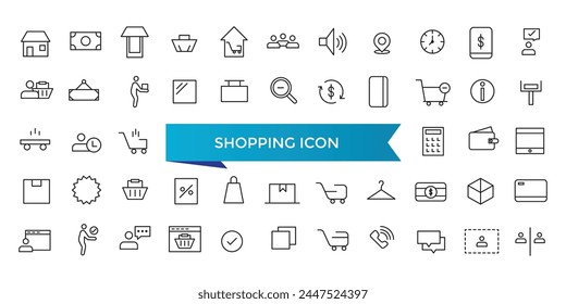 Shopping icon collection. Online shopping, store, delivery, promotion and shopping cart symbol. Line icons vector set.