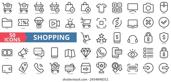 Shopping icon collection set. Containing add to cart, remove, basket, bag, t shirt, calculator, monitor icon. Simple line vector.
