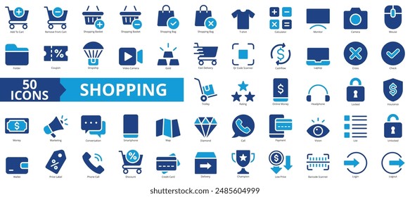 Shopping icon collection set. Containing add to cart, remove, basket, bag, t shirt, calculator, monitor icon. Simple flat vector.