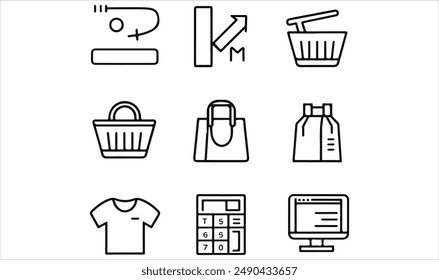 Shopping icon collection set. Containing add to cart, remove, basket, bag, t shirt, calculator, monitor icon. Simple flat vector.