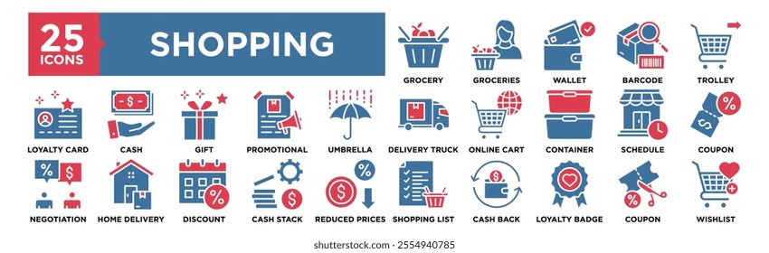 Shopping icon collection set. Containing design Grocery, Groceries, Wallet, Barcode, Trolley