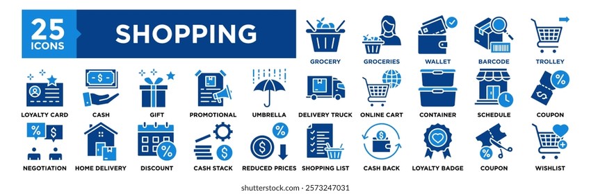 Shopping icon collection set. Containing design Grocery, Groceries, Wallet, Barcode, Trolley