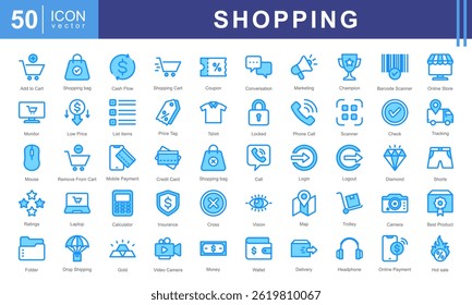Shopping icon collection set. Containing add to cart, remove, basket, bag, shopping bag, discounts, credit cards, and storefronts. Perfect for e-commerce, retail stores, or product marketing.