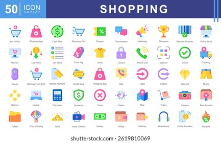 Shopping icon collection set. Containing add to cart, remove, basket, bag, shopping bag, discounts, credit cards, and storefronts. Perfect for e-commerce, retail stores, or product marketing.
