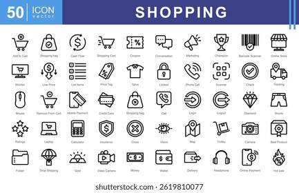 Shopping icon collection set. Containing add to cart, remove, basket, bag, shopping bag, discounts, credit cards, and storefronts. Perfect for e-commerce, retail stores, or product marketing.