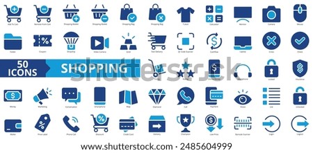 Shopping icon collection set. Containing add to cart, remove, basket, bag, t shirt, calculator, monitor icon. Simple flat vector.