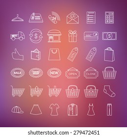 Shopping icon collection. Vector outline illustration. White icon on blurred background