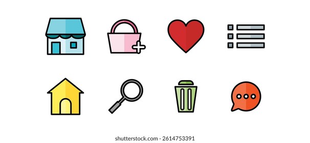 Shopping icon design. Store icon set. Store, shopping cart, favorites, choices, home, search, chat. Vector illustration