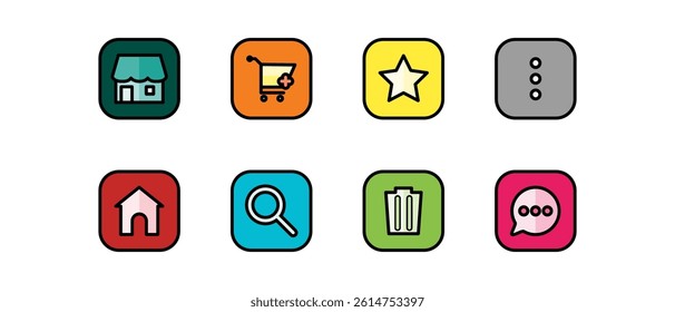 Shopping icon design. Store icon set. Store, shopping cart, favorites, choices, home, search, chat. Vector illustration