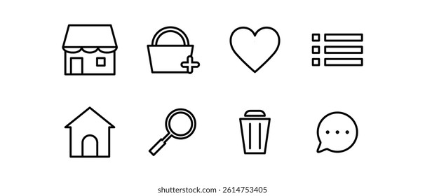 Shopping icon design. Store icon set. Store, shopping cart, favorites, choices, home, search, chat. Vector illustration