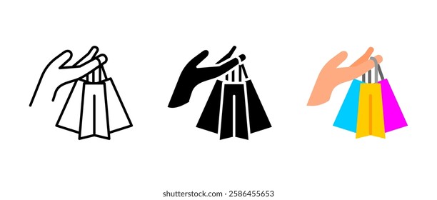 Shopping icon. Hand holding bags sign. Retail and purchase symbol. Consumer goods pictogram. Store sale and commerce illustration.