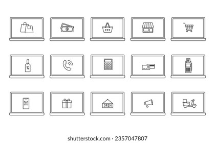 Shopping icon in laptop line design, store vector icon, Shop cart illustration sign collection. Shop pacage symbol. Shopping logo, , Shoping E-Commerce Icons, 