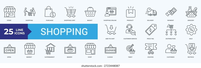 Estilo de Contorno do Vetor de Ilustração do Pacote de Ícones de Compras