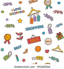 Shopping icon pattern with different elements sign sale,shoes ,heart gift,price tag,label,lipstick,discount,interest symbol