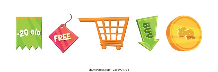 Shopping Icon with Sale and Discount Bright Sign Vector Set