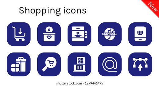  shopping icon set. 10 filled shopping icons. Simple modern icons about  - Shopping cart, Gift, Elevator, Universal, Barcode, Presents, Commerce, Shopping center, At, Vector