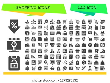  shopping icon set. 120 filled shopping icons. Simple modern icons about  - Sale, Lock phone, Vector, Basket, Grocery, Commerce, Purse, Shopping cart, Gift, Gift bag, Online shop