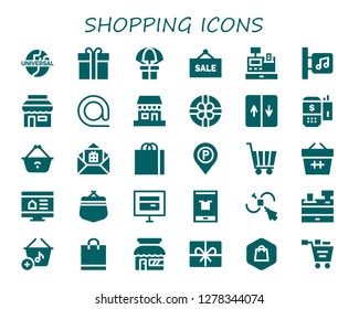  shopping icon set. 30 filled shopping icons. Simple modern icons about  - Universal, Gift box, Gift, Sale, Cash register, Music store, Shop, At, Elevator, Payment terminal, Shopping basket