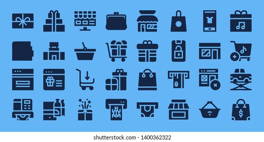 shopping icon set. 32 filled shopping icons. on blue background style Collection Of - Present, Wallet, Web, Atm, Gift, Mall, Shopping online, Online shop, Basket, cart