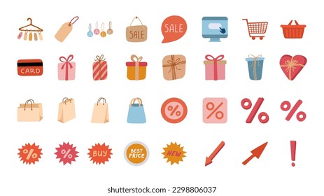 Shopping icon set about sale and discount in flat vector style. Hand drawn vector illustration