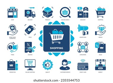 Shopping icon set. Advertising, Coupon, Delivery, Trade, Online Search, Product, Discount, Sales. Duotone color solid icons