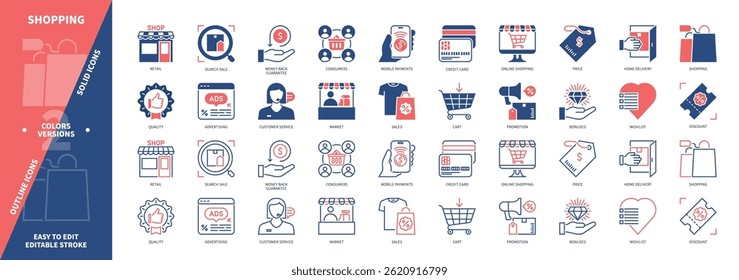 Shopping icon set. Advertising, Price, Home Delivery, Mobile Payments, Retail, Cart, Discount, Sales. Duotone color solid and editable outline icons