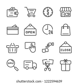 Shopping icon set. Black Friday and Cyber Monday concept Thin line icon theme. Outline stroke symbol icons. White isolated background. Illustration vector.