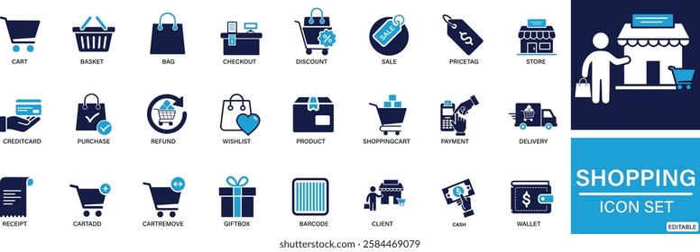 Shopping icon set Cart, Basket, Bag, Checkout, Discount, Sale, Price Tag, Store, Shop, Credit Card, Wallet, You can easily change the color