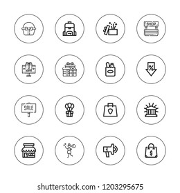 Shopping icon set. collection of 16 outline shopping icons with bag, basket, gift, financial, shop, promotion, store, surprise, sale icons.