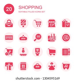shopping icon set. Collection of 20 filled shopping icons included Handbag, Sale, Shopping cart, Grocery, bag, Barcode, Shop, Sketching, Arroba, Store, Pixelated, list