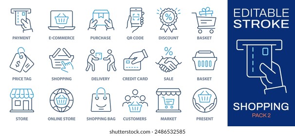 Conjunto de iconos de compras. Colección de comercio electrónico, tarjeta de crédito, venta al por menor y más. Ilustración vectorial aislada en blanco. Trazo editable.