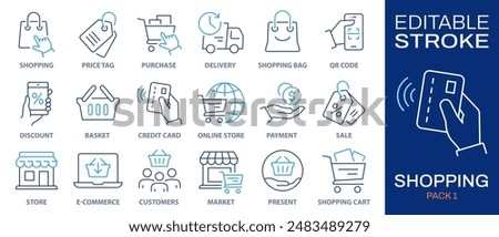 Shopping icon set. Collection of e-commerce, credit card, supermarket, sale and more. Vector illustration isolated on white. Editable stroke.