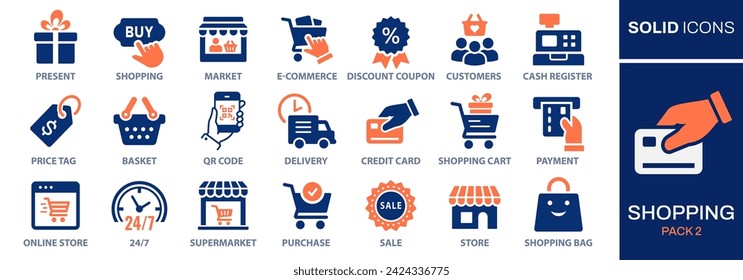 Shopping icon set. Collection of price tag, credit card, supermarket and more. Vector illustration. Easily changes to any color.