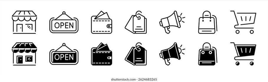 shopping icon set. contain E-commerce, modern, scalable design for retail, shopping, and business essentials icon for your app and web. vector illustration