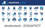 Shopping icon set. Containing basket, shopping cart, discount, online shopping, sale, client, delivery, wallet and shop. Solid vector icons collection.