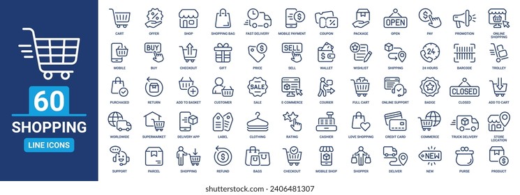 Shopping icon set. Containing cart, shop, offer, delivery, e-commerce, buy, product, customer, online shopping. Outline vector icons collection.