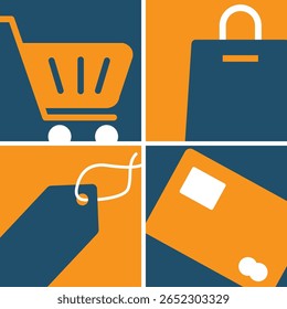 Ícone de compras definido. Contendo carrinho de compras, etiqueta de preço, saco de compras e cartão de crédito. Estilo Simples Plano de Ilustração de Vetor de Plano de Fundo