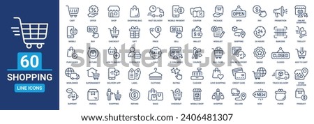 Shopping icon set. Containing cart, shop, offer, delivery, e-commerce, buy, product, customer, online shopping. Outline vector icons collection.