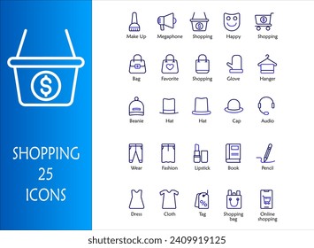 Shopping icon set. Containing make up, shopping basket, hanger, beanie, hat, cap, wear, fashion, lipstick, book, pencil, dress, cloth and price tag. color outline syle collection
