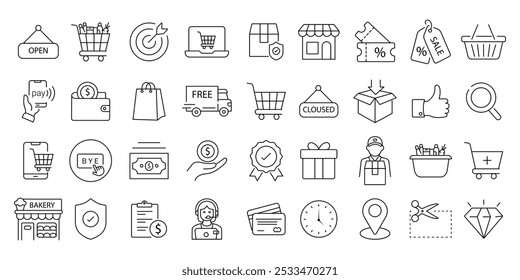 Shopping icon set. containing  Online shopping, store, delivery, promotion and shopping cart symbol. editable stock thin outline icon collection . isolated on white background flat vector illustration