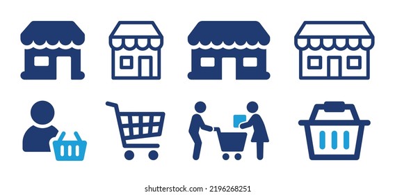 Shopping icon set. Containing shop, supermarket, customer, shopping cart and basket icons. Vector illustration