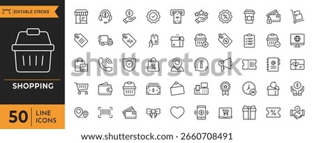 Shopping icon set. Containing Shop, store, cart, market, buyer, purchase, goods and more. Editable stroke. Vector illustration