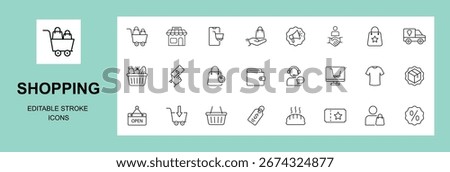 Shopping icon set. Containing Shop, store, cart, market, buyer, purchase, goods and more. Editable stroke. Vector illustration
