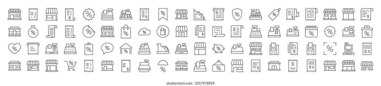 Shopping Icon Set. Contains Icons of Store, Receipt, Cash Register that Can Be Used for Design of Cards, Posts, Apps, Web Sites