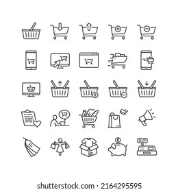Shopping Icon Set. Contains Such Icons As Cart, Website Checkout, Cashier Machine, Add, Remove Item, Smartphone, Packaging Etc. Editable Stroke. 64x64 Pixel Perfect.