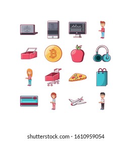 Shopping icon set design of Commerce market store shop retail buy paying banking and consumerism theme Vector illustration