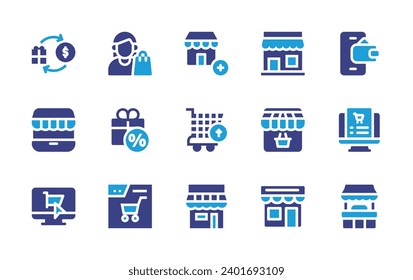 Shopping icon set. Duotone color. Vector illustration. Containing store, buy, ewallet, shop, female, cart, online store, order, gift box, food stall, online shop.